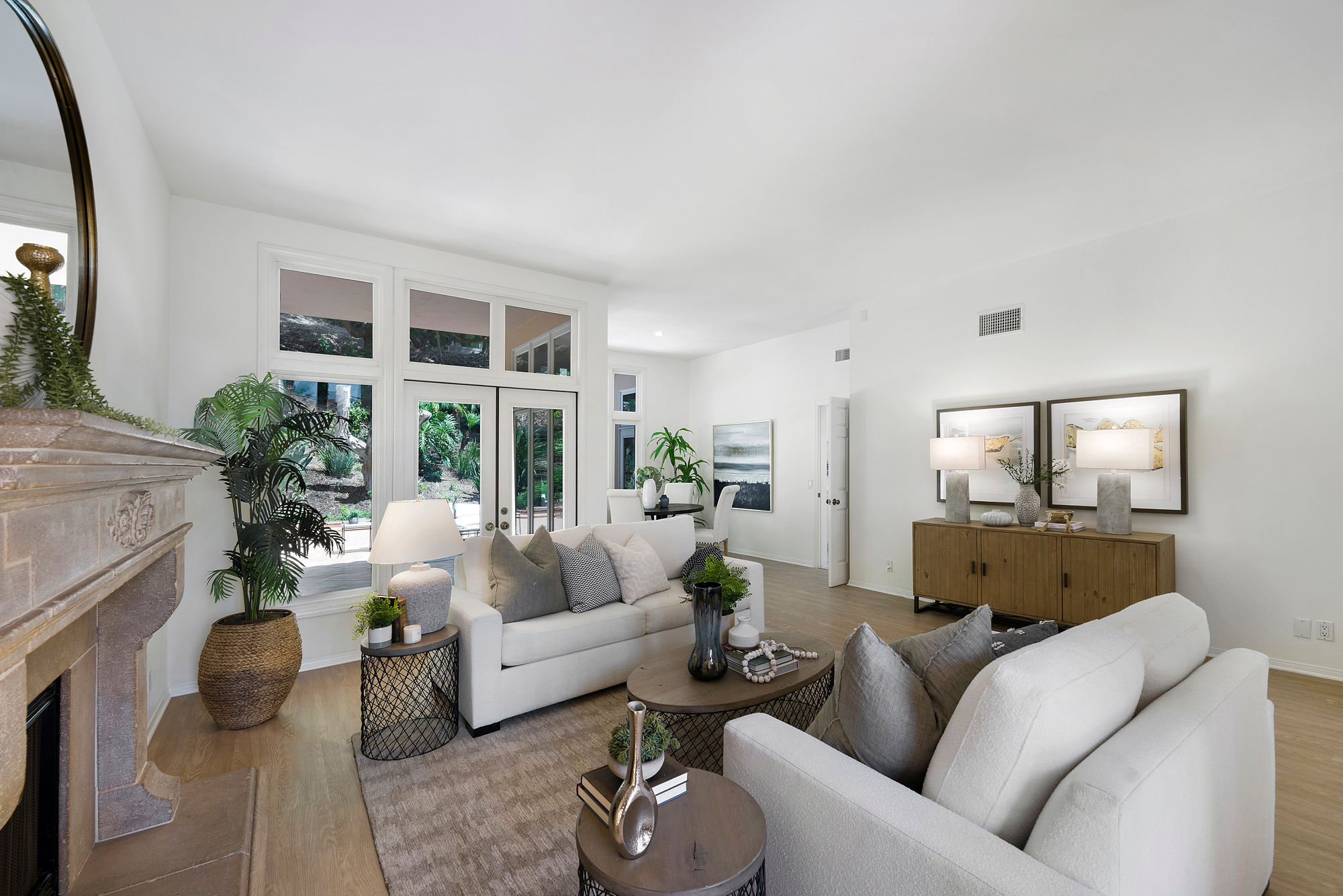 Del Mar staged living room fireplace French doors garden view