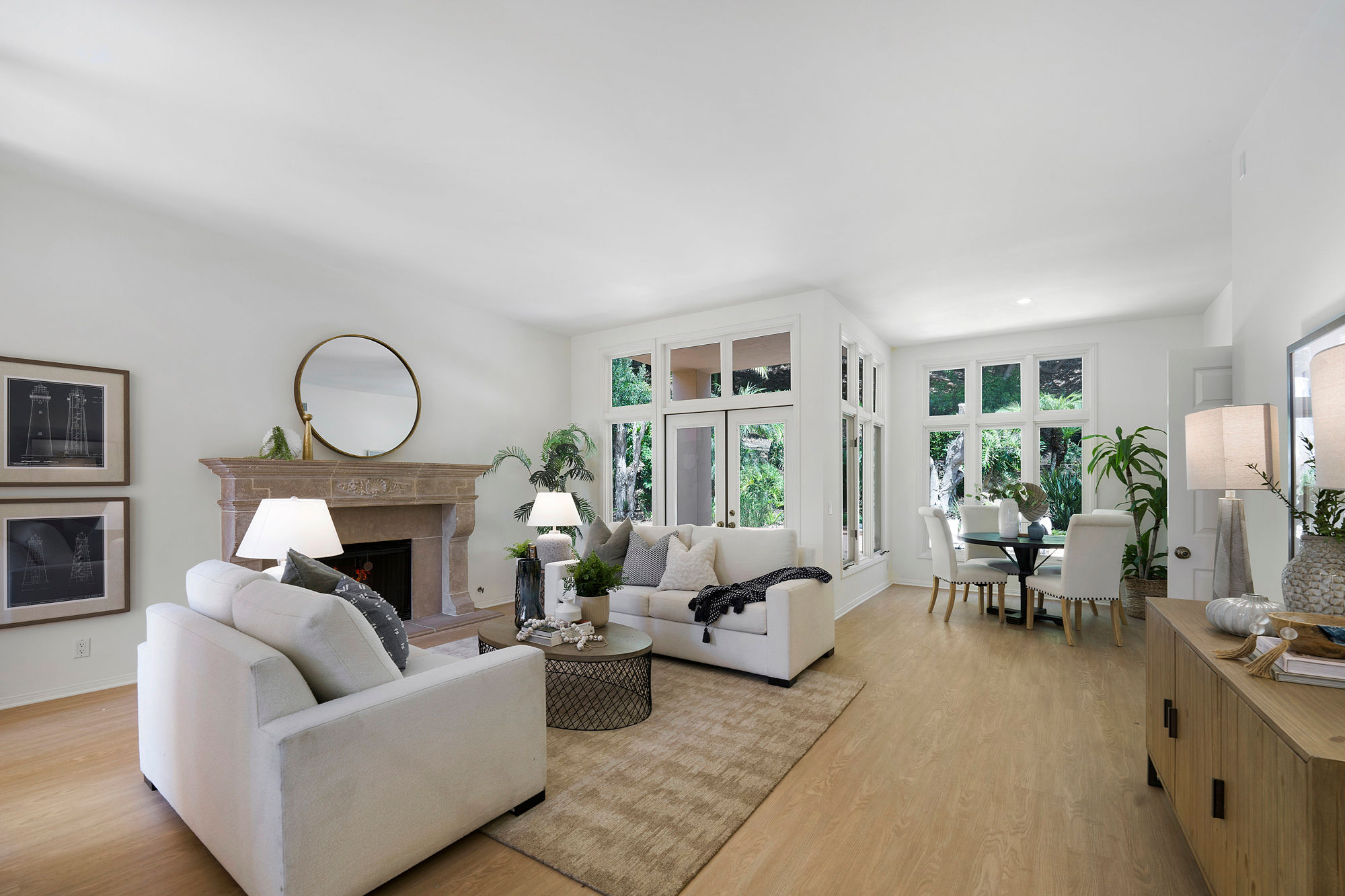 Vacant staging living room Del Mar Caminito Carmel fireplace