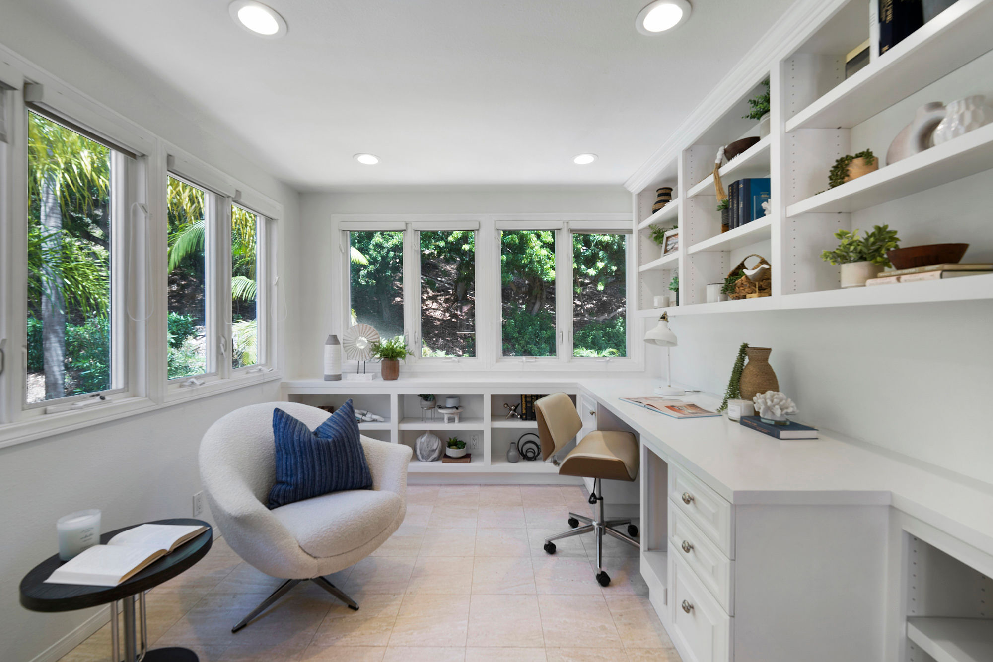 Staged home office Del Mar built-in shelving garden windows