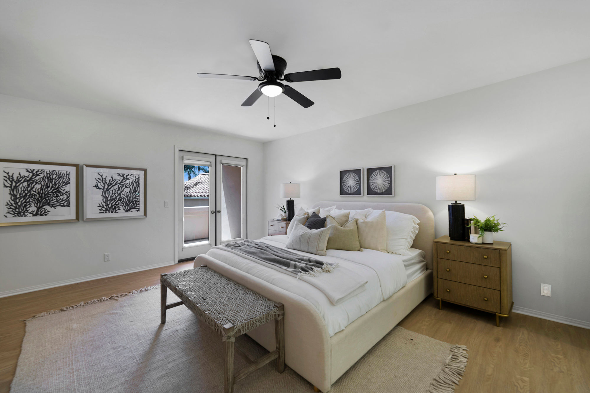 Staged primary suite Del Mar with office nook built-ins