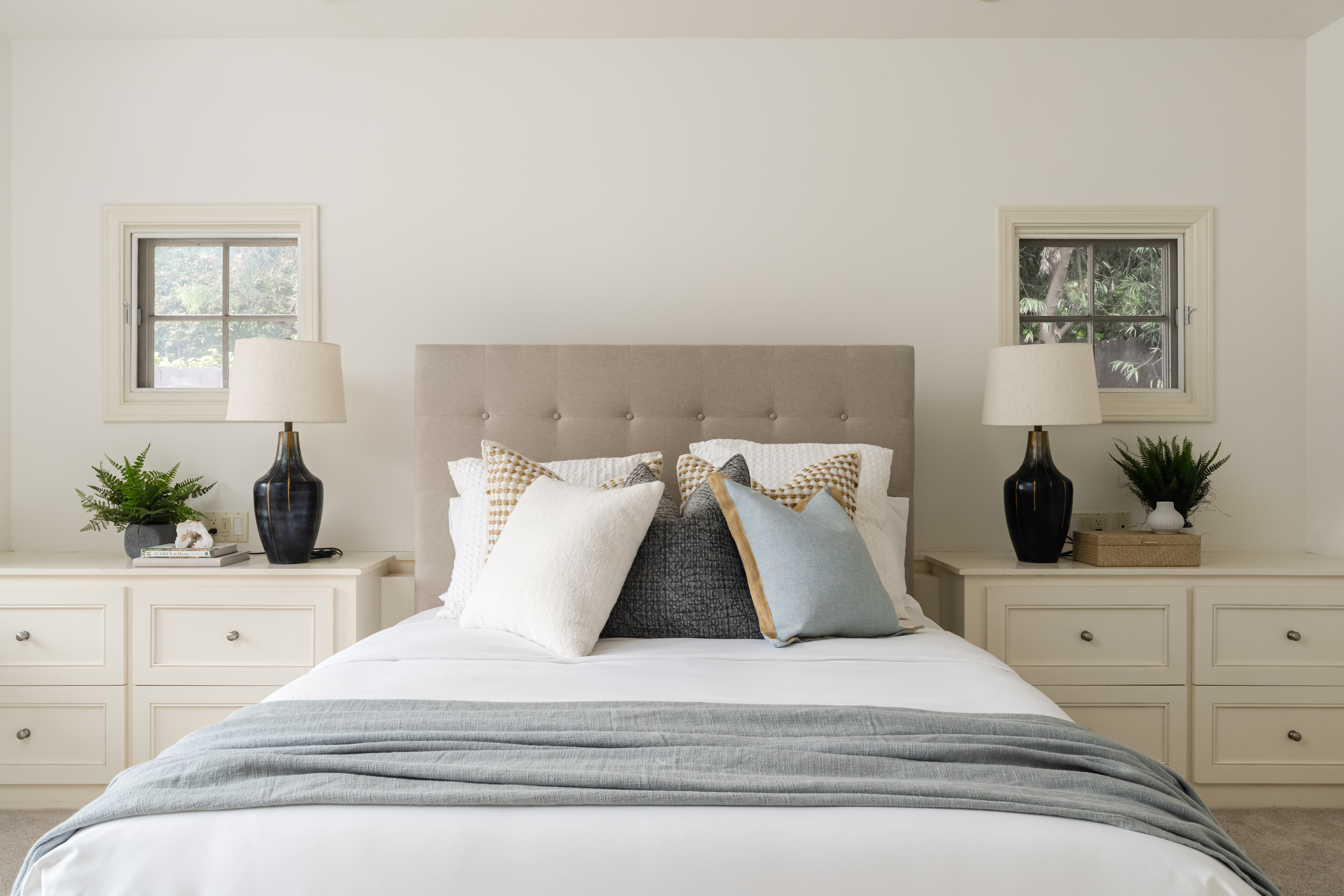La Jolla staged bedroom detail tufted headboard