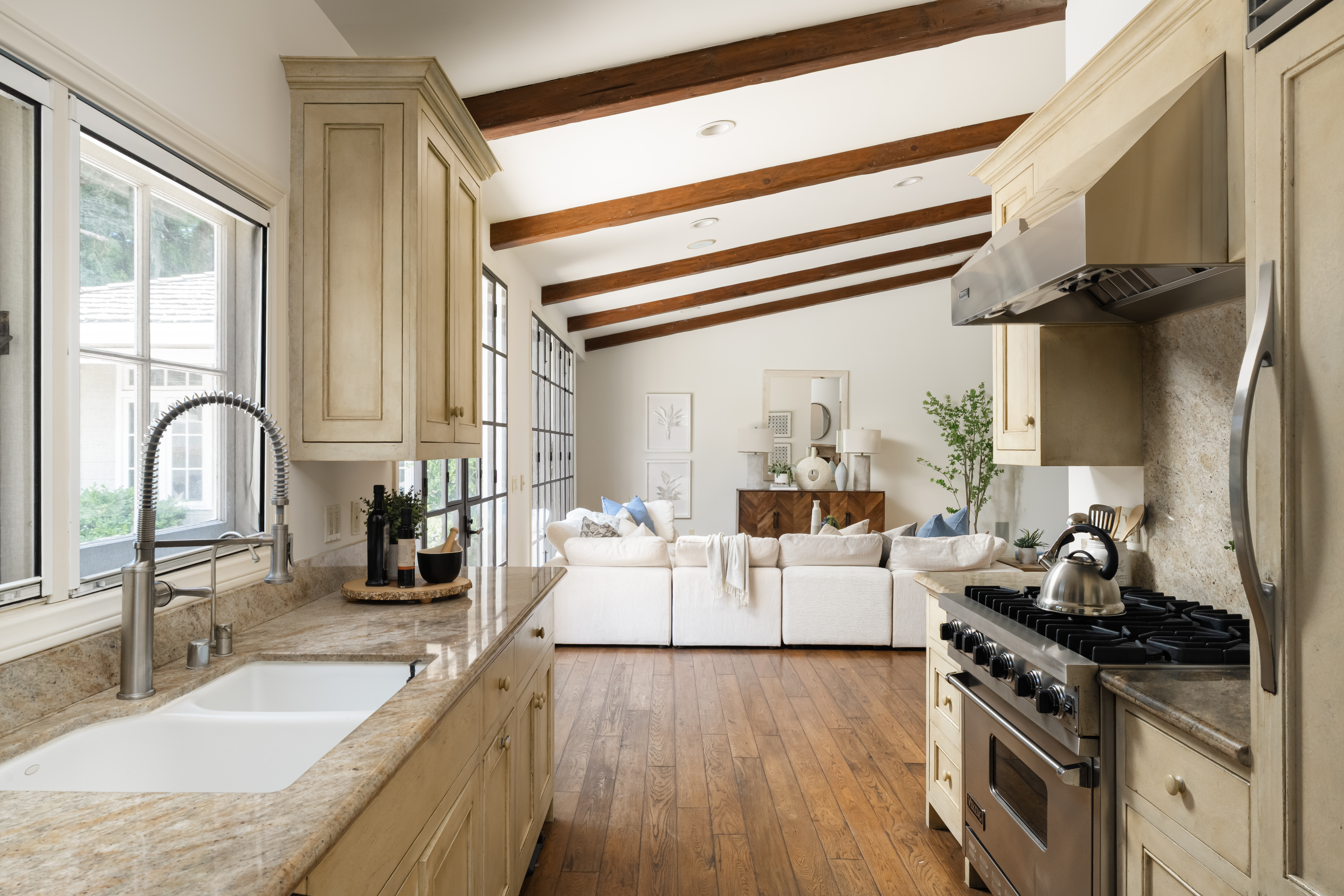 La Jolla staged kitchen open to living room